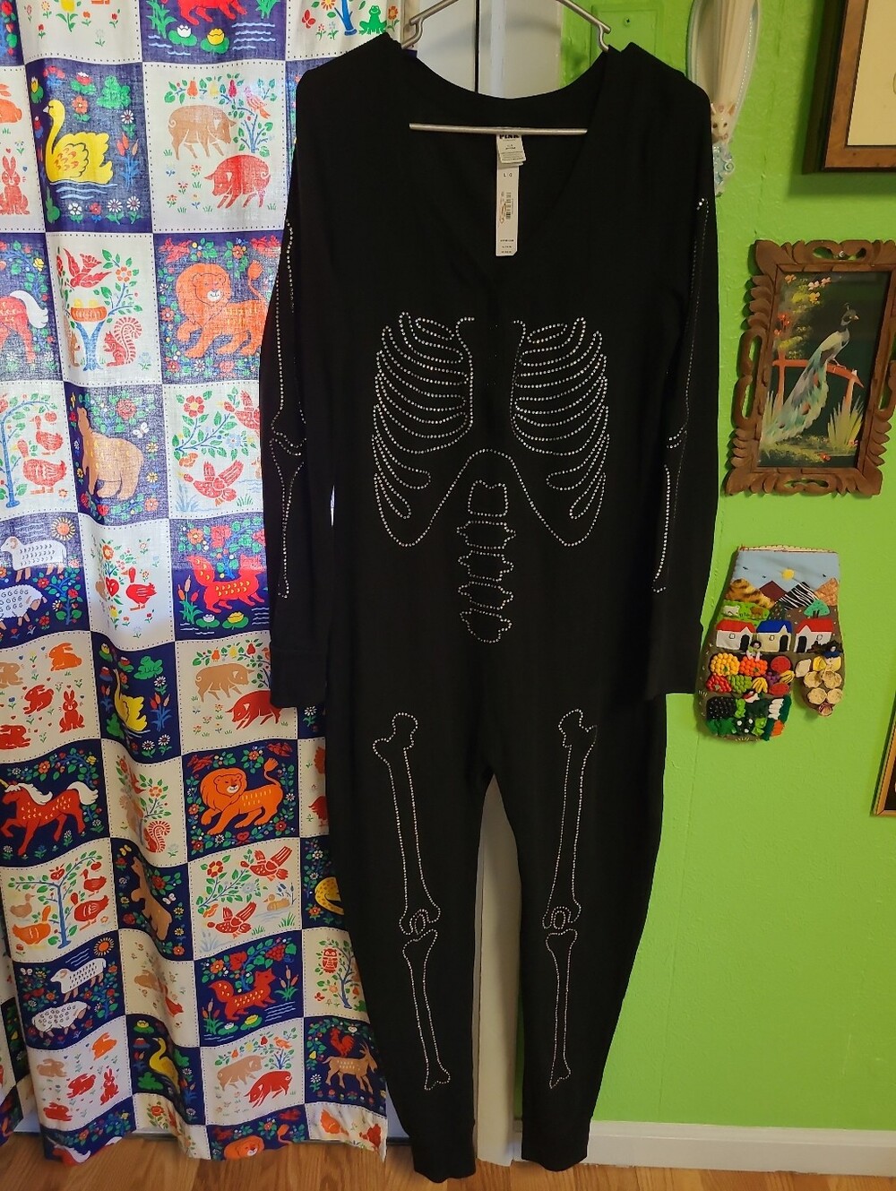 NEW Victoria's Secret Bling Skeleton One Piece Pajamas Halloween Black LARGE